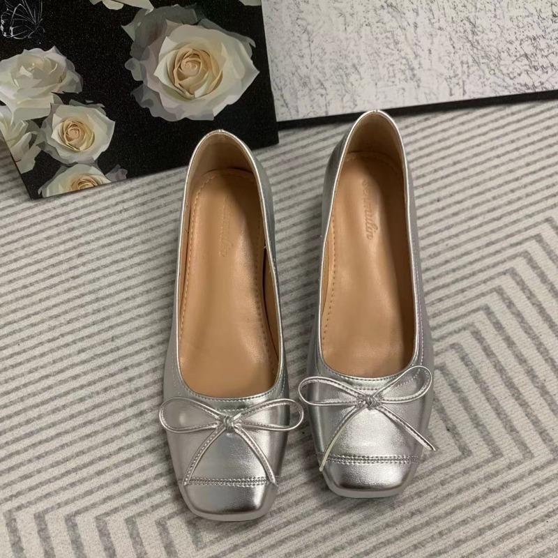 Spring Small 5CM Inner Height Increase Women's Shoes Square Head Bow Mary Jane Ballet Shoes Temperament Single Shoes