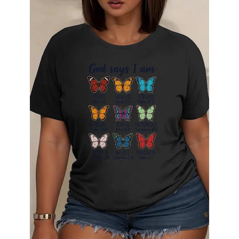 Camiseta de Mujer con Estampado de Mariposas Coloridas Cuello Redondo Manga Corta Casual Longitud Regular Moda Primavera Verano Top