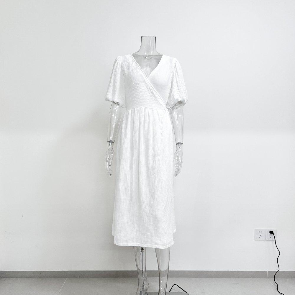 V-Neck Puff Sleeve Solid Color Long Dress – French Style Women's Fashion