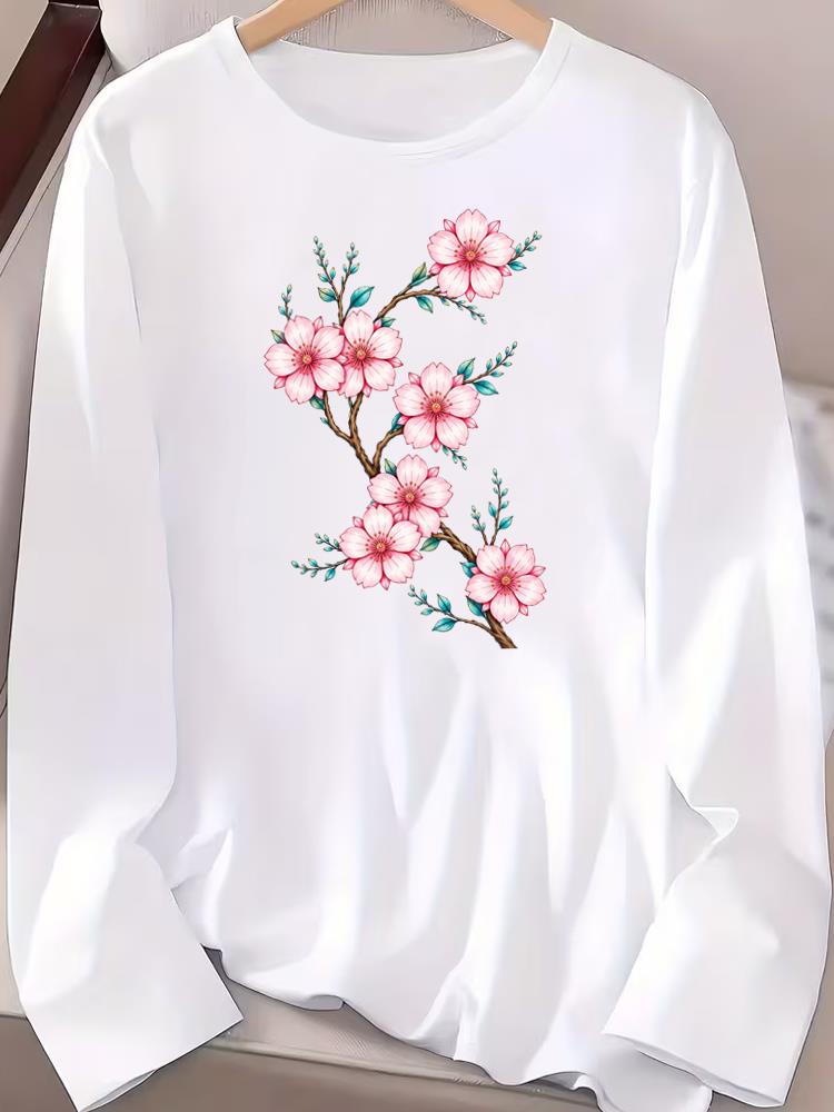 (Asian Size) Graphic Tee Casual Clothing Women O-neck Trend Flower Printed Print T Shirt Autumn Winter Spring Fashion Top Long Sleeve T-shirts