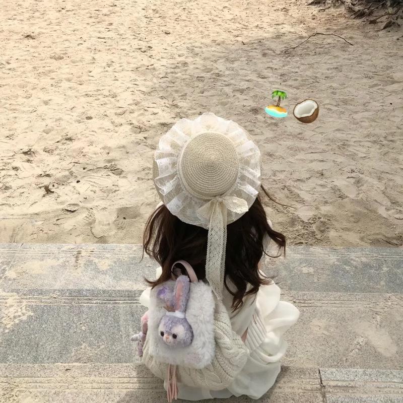 

Seaside summer girlish French lace flat top straw hat girl summer cute sweet beach sunshade hat M（56-59cm）