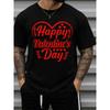Europeiska storlekar Herr Alla hjärtans dag T-shirt med hjärtgrafik - Retro Rött Hjärta & Glad Alla hjärtans dag Tryck, Svart Kortärmad Casual T-shirt,