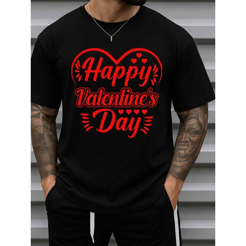 European Sizes Men'S Valentine'S Day Heart Graphic T-Shirt - Retro Red Heart & Happy Valentine'S Day Print, Black Short Sleeve Casual Tee,