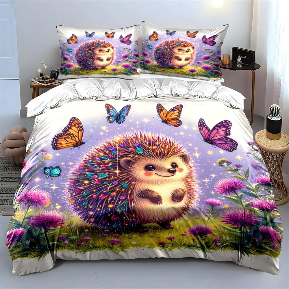 Hedgehog and Butterflies Nature Illustration Exquisite three-piece bedding set gift for kids and adults