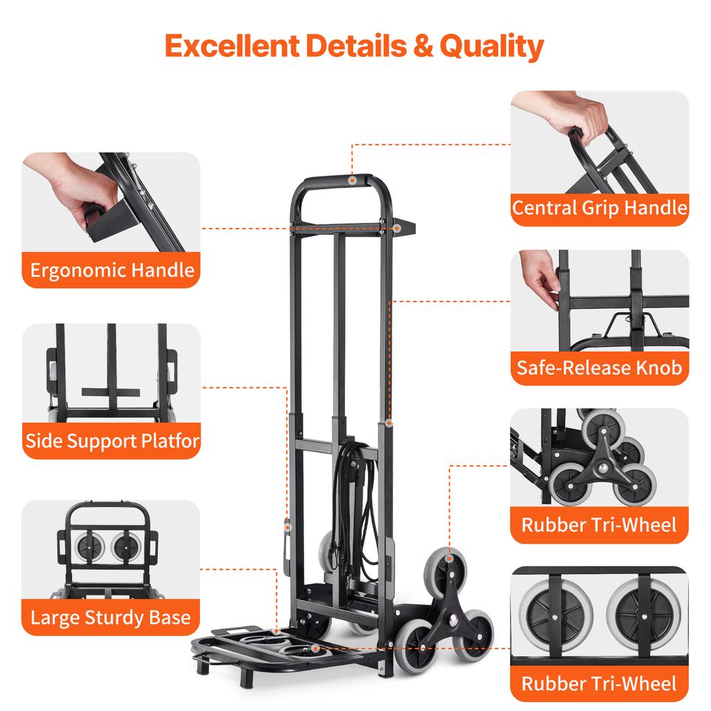 SucceBuy 460 Lbs Stair Climbing Cart Folding Hand Truck Dolly with Handle 6 Wheels & 2 Ropes for Shopping Moving Warehouse