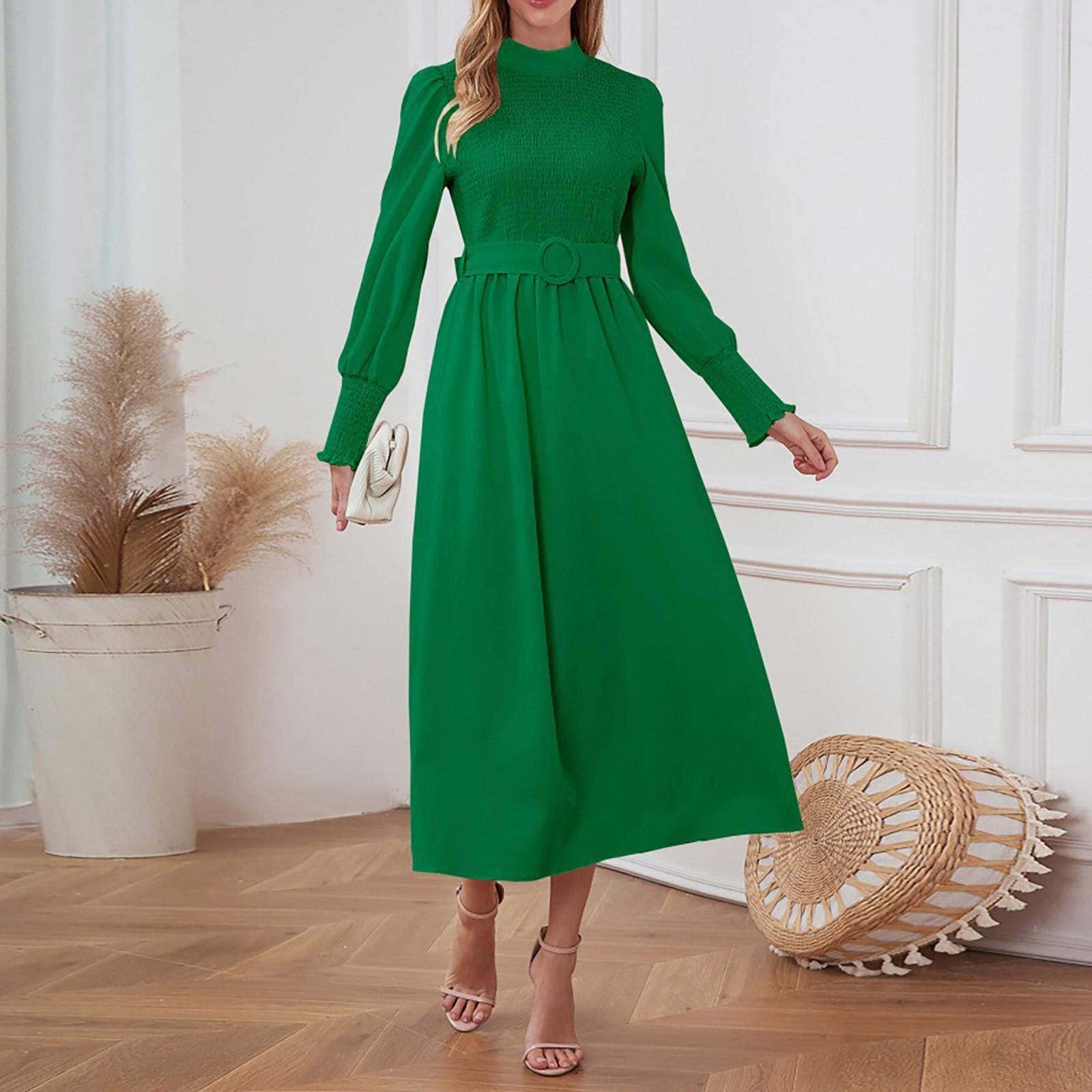 

Women s Long Sleeved Color High Round Large Swing Dress Slim Fit Long Dress XL зелёный