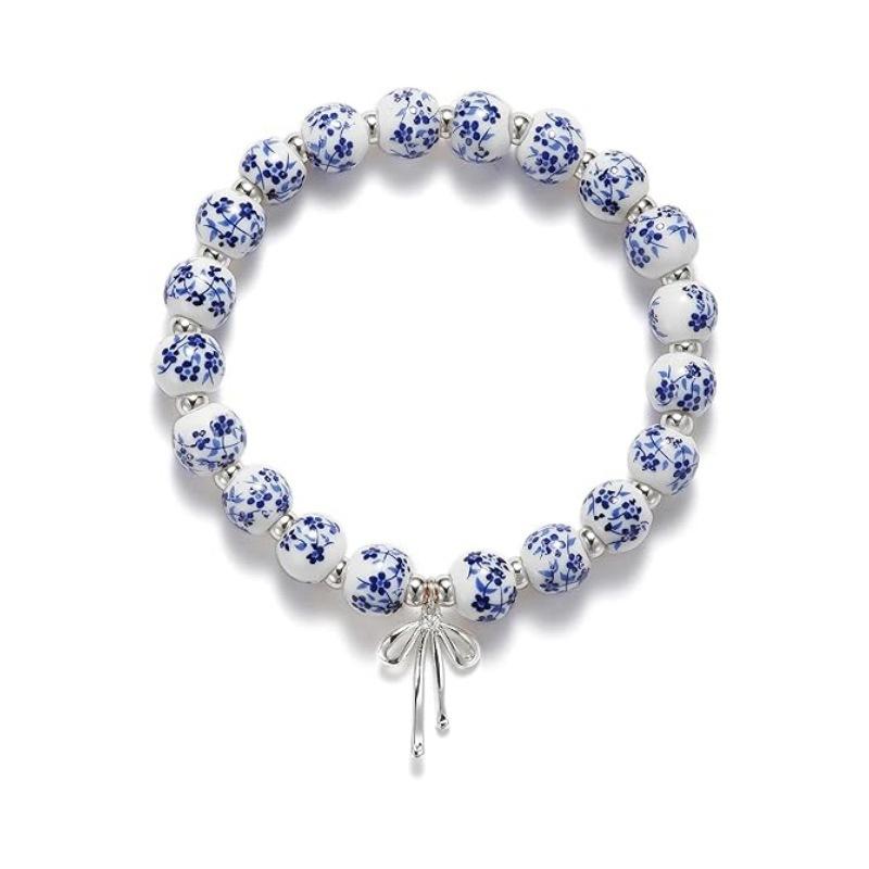 Chinese Style Ceramic Floral Bead Bracelet - Blue and White Porcelain Bowknot with Rhinestones Gold Beads Elastic Cord Elega