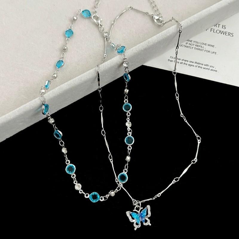 Summer Blue Butterfly Necklace for Women, High-End Design Layered Chain, Fashionable Summer Jewelry