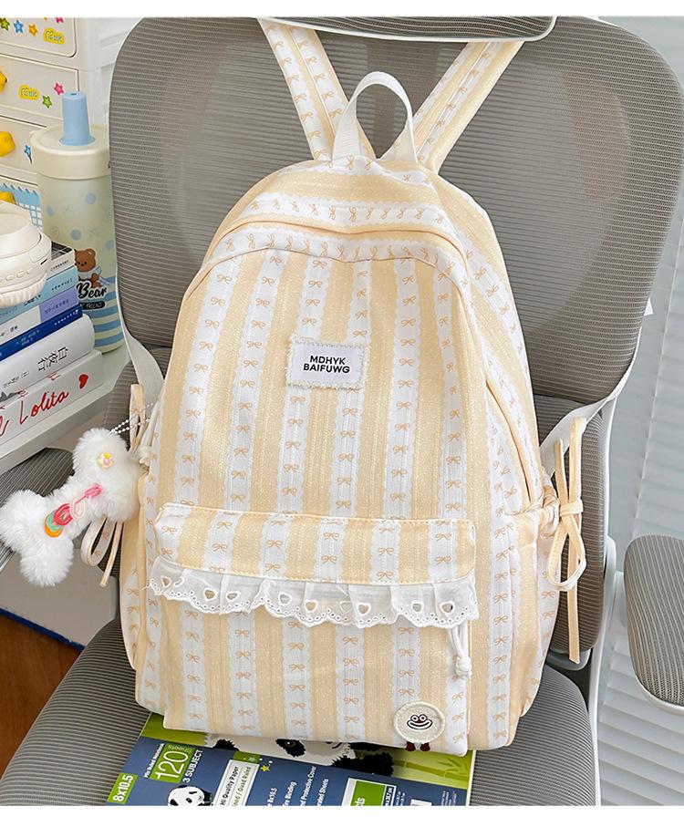 Schoolbag Summer Fresh Peach Light Pink Striped Bow Schoolbag Milk Huhu Sweet Girl Heart Girlfriend Travel Backpack