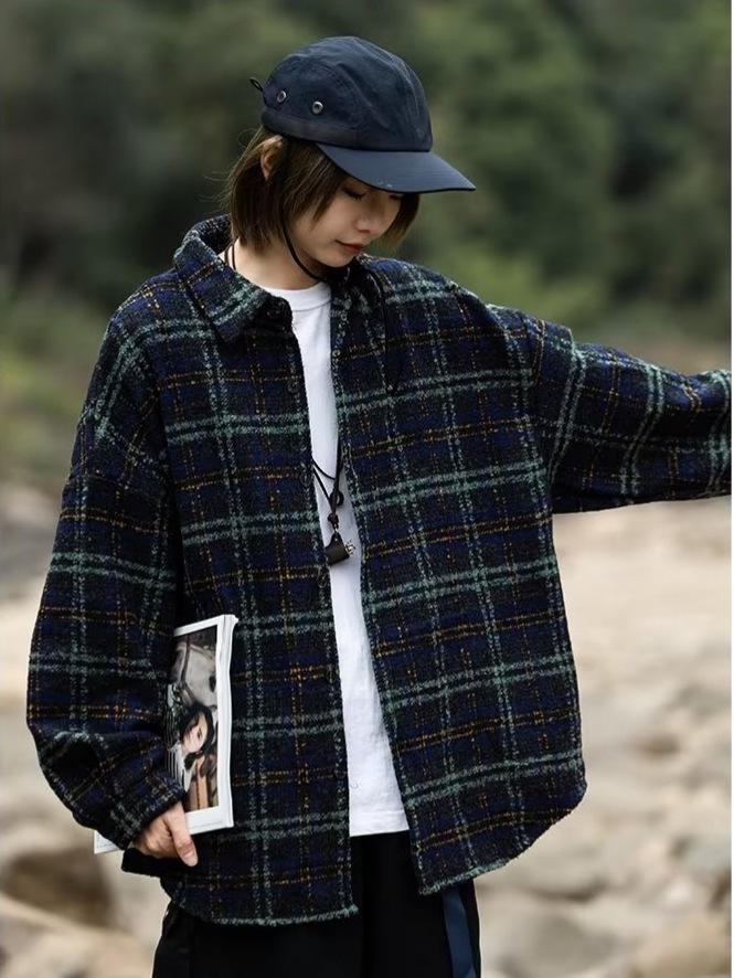 Japanese Retro Plaid Wool Shirt, Men's and Unisex Long Sleeve Jacket, Korean Style Trendy Spring & Fall Casual Wear