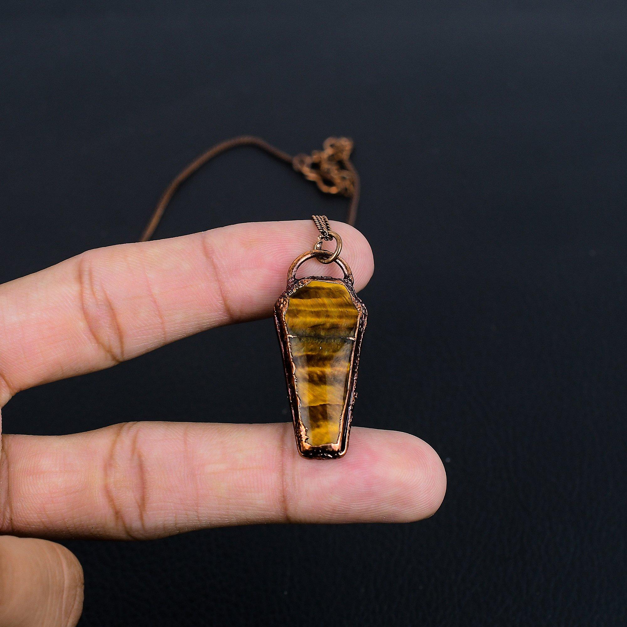 

Tiger s Eye Copper Electroformed Pendant, Handmade Gemstone Pendant , Gift For Mom Antique Jewelry 2.55 Inches