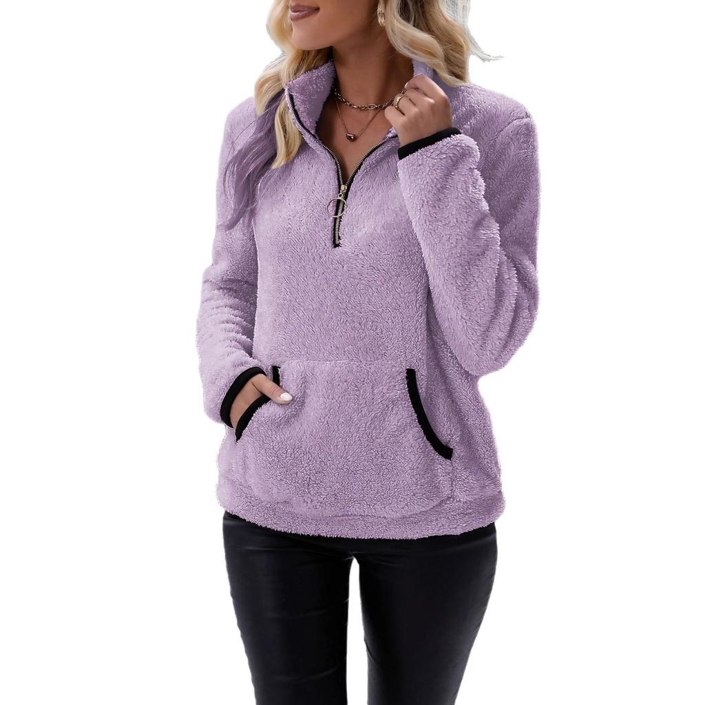 European and American Women's Semi-High Neck Zipper Pocket Plush Sweatshirt - Autumn/Winter 2025