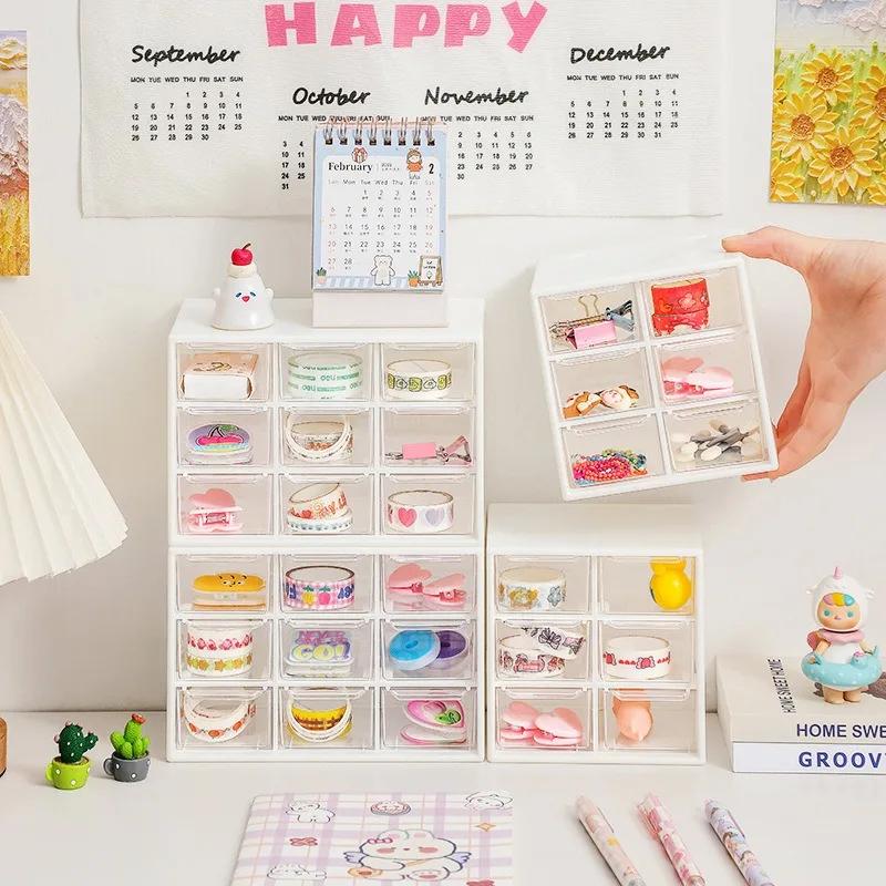 Desktop 9 Grid Storage Boxes Organizer Transparent Small Drawer Partitioned Student Desk Wall-mounted Sundries Storage Box Cute