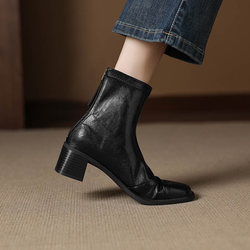 Krazing Pot Microfiber Square Toe Thick Heels Chelsea Boots Size 42 Zip Women Concise Style Elastic Ankle Boots