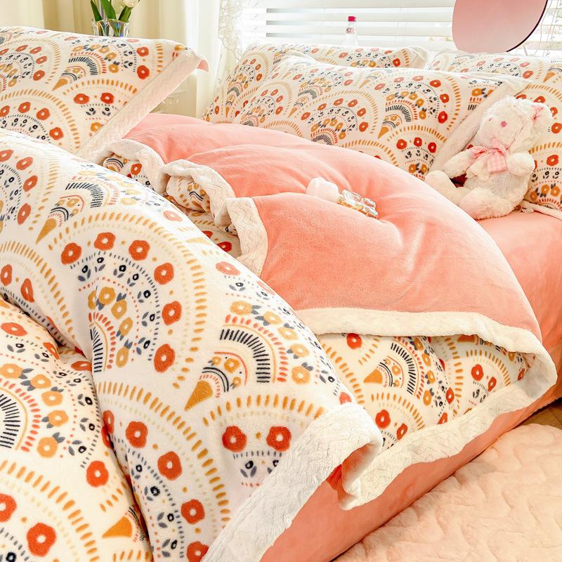 Retro pastoralny styl mleczny czteroczęściowy prześcieradło poszwa na kołdrę pogrubiony ciepły pokrowiec na kołdrę na łóżko koralowy aksamit zimowy trzyczęściowy zestaw