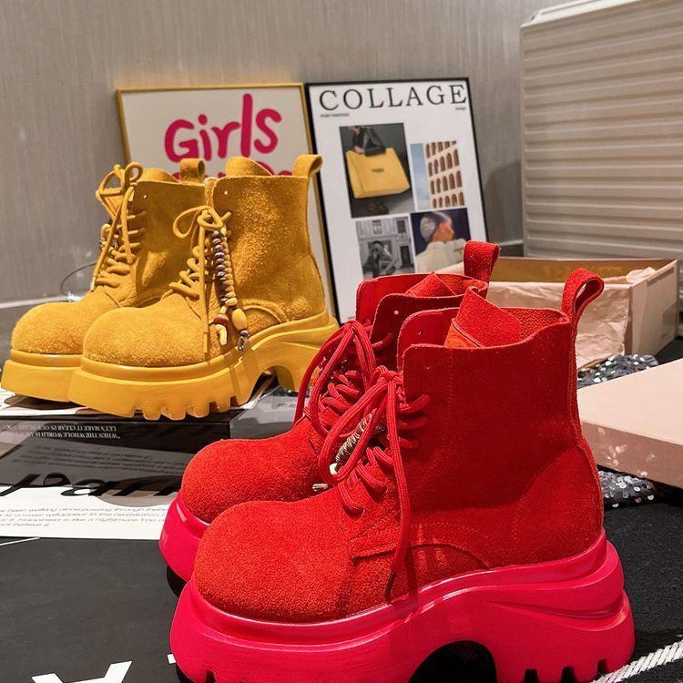 Martin boots matte lace-up fringed retro big head locomotive boots super foreign style short boots Spice girl style small women's shoes