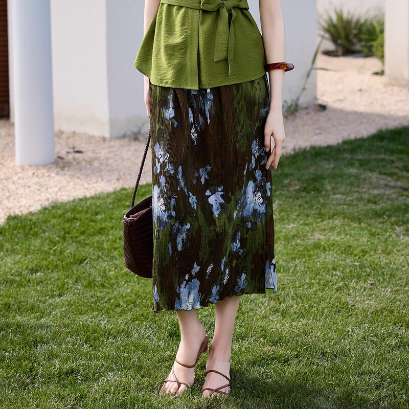 Women's Artistic Floral Pleated A-line Midi Skirt