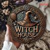 1pc 2D Vintage Witch House Metal Sign Circular Iron Wall Decor with Star Witch Hat Broom Design Halloween Decor for Home Garage