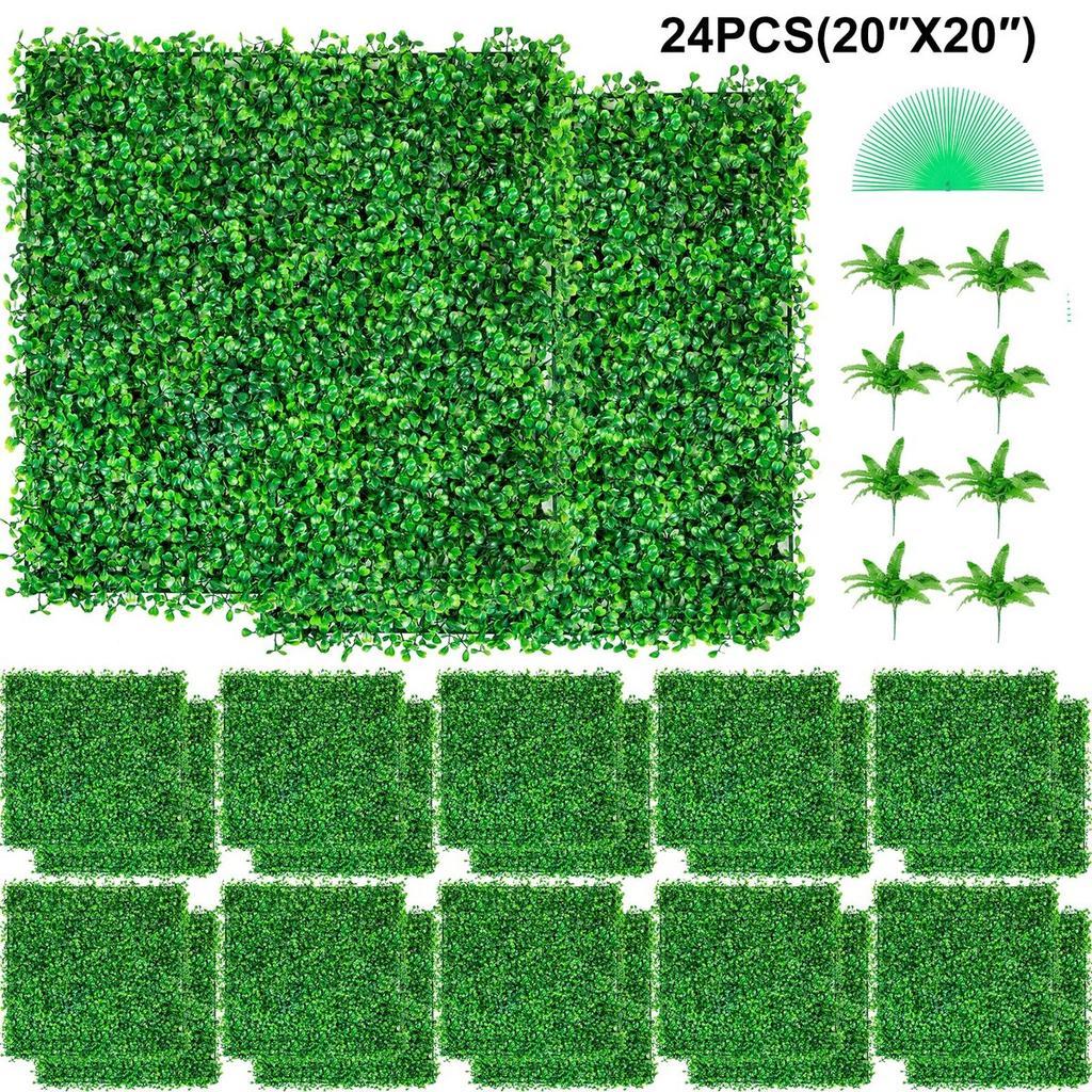Artificial Boxwood Panel UV 24pcs Boxwood Hedge Wall Panels Artificial Grass Backdrop Wall 20" X 20" 4 cm Green Grass Wall Fake Hedge for Decor
