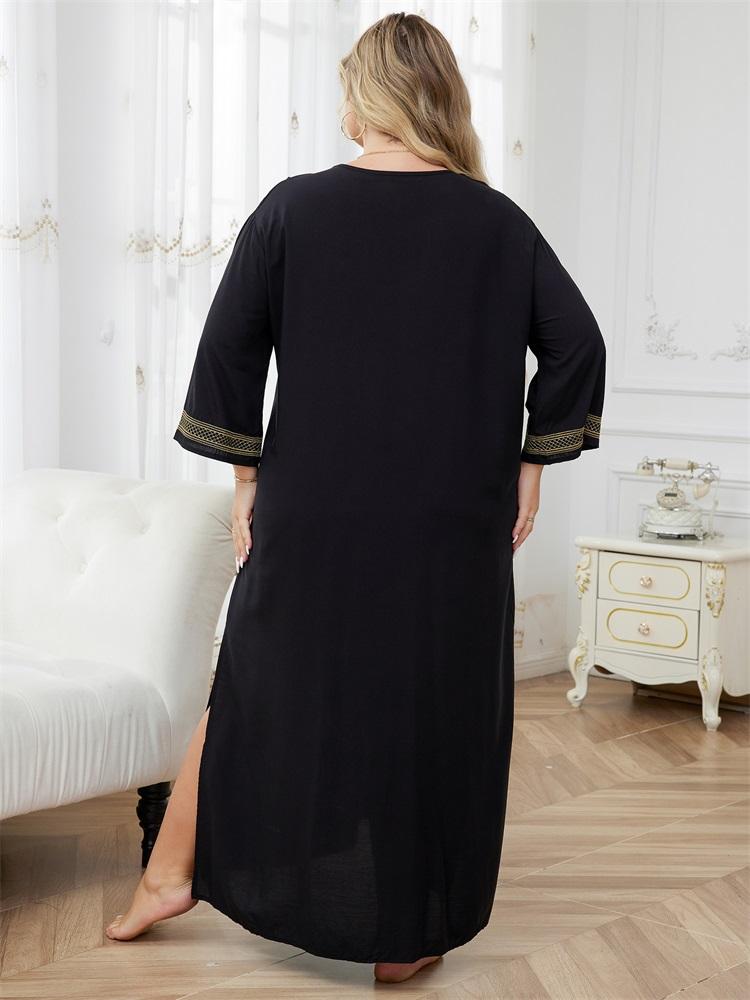 EDOLYNSA Золотая вышивка Женское черное платье-кафтан большого размера Домашний халат — фото 2