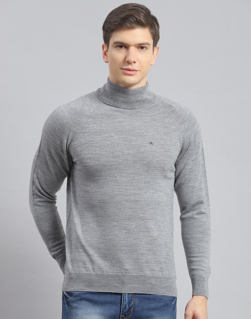 Monte Carlo Mens Solid Grey Melange High Neck Full Sleeve Pullover