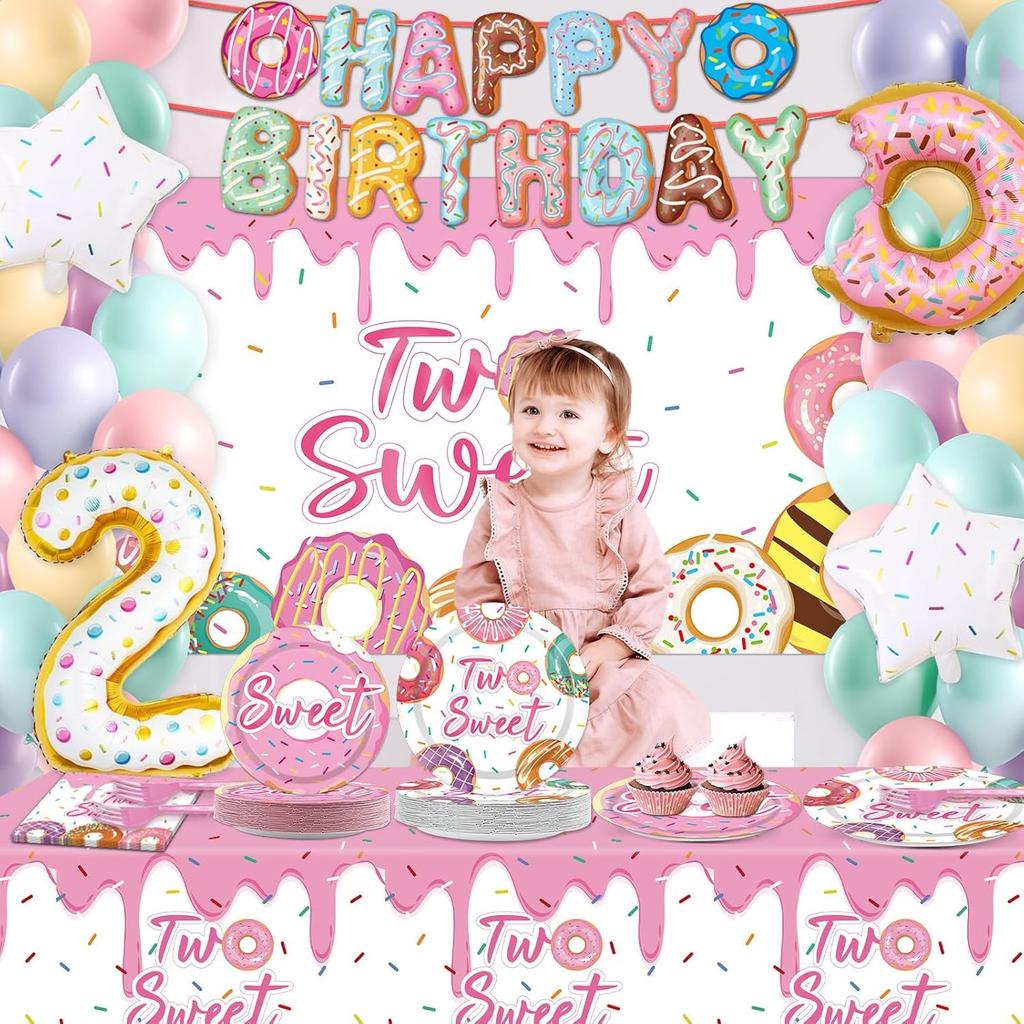 ZOiiWA 143Pcs Two Sweet Birthday Party Decorations Girls Donut Tableware Set Sweet Donut 2nd Party Plates Napkins Backdrop Tablecloth Banner Balloons