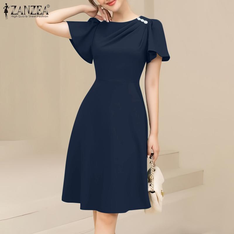 ZANZEA Vestido Casual de Verano para Mujer de Cuello Redondo y Manga Corta Holgado