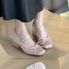 Inner Height Increase 7CM Pink Satin Bow High Heel Mary Jane Shoes Women's Thick Heel Soft Sole Versatile Ballet Single Shoes Women