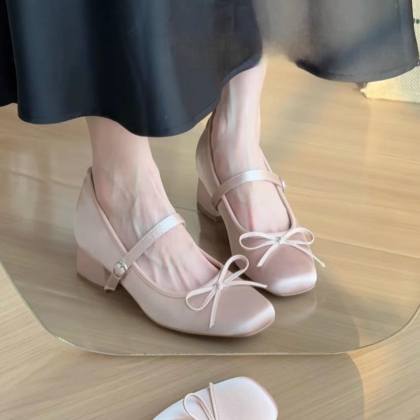 Inner Height Increase 7CM Pink Satin Bow High Heel Mary Jane Shoes Women's Thick Heel Soft Sole Versatile Ballet Single Shoes Women