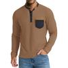 Men's Long Sleeve Stand Collar Henry Tshirt Casual Cotton Patchwork T-Shirt Autumn Winter Base Layer Shirt American Retro Tees