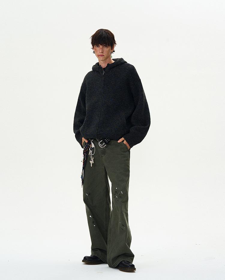 Unisex americký retro šedý kardigan s kapucí - Volný, ležérní pletený svetr na podzim/zimu