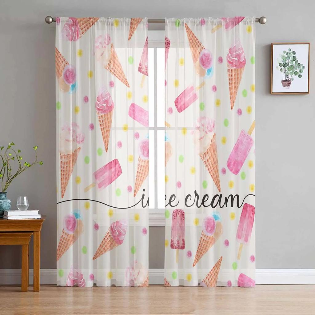 Summer Ice Cream Watercolor Texture Sheer Curtains For Living Room Kitchen Window Curtains Bedroom Tulle Voile Curtains