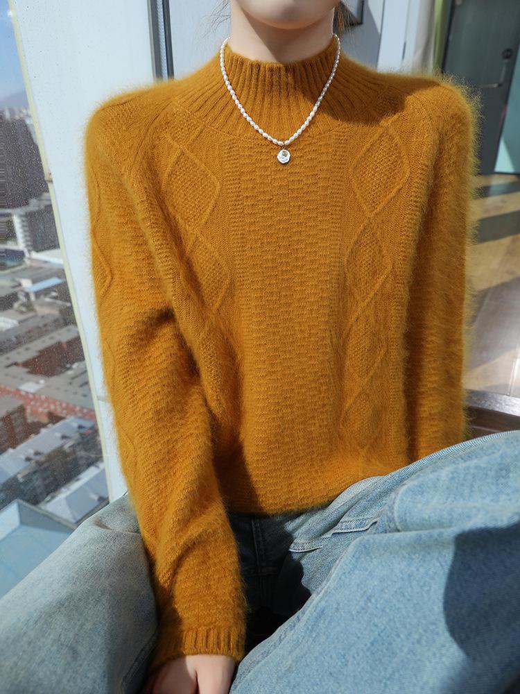 Women's Mink Cashmere Sweater, Semi-High Neck, Thick Loose Knit Pullover