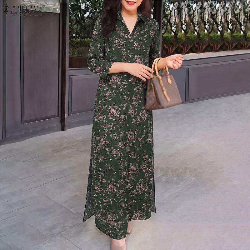 ZANZEA Women Vintage 3/4 Sleeve Lapel  Neck Elegant Buttons Kaftan Floral Maxi Shirts Dress