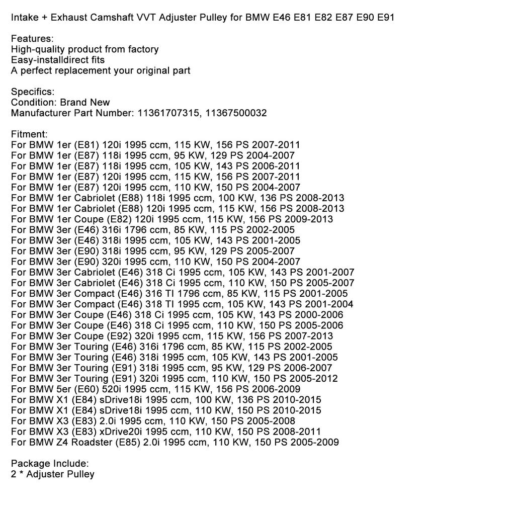 Intake + Exhaust Camshaft VVT Adjuster Pulley for BMW E46 E81 E82 E87 E90 E91