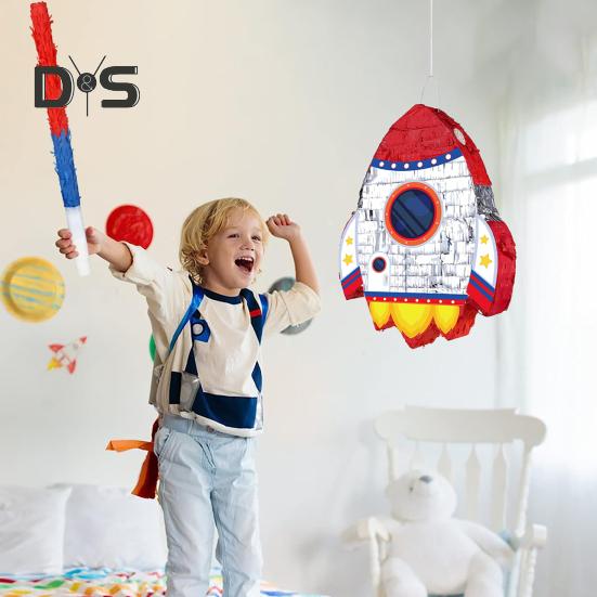 Pull String Rocket Ship Pinata Rocket Pinatas with Blindfold Bat Stick Confetti for Kids Space Themed Birthday Party Supplies