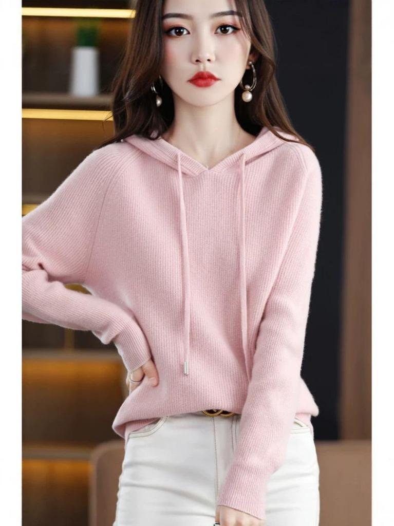 Women's 100% Wool Hooded Sweater - New Autumn/Winter Cashmere Knit Base Layer Hoodie