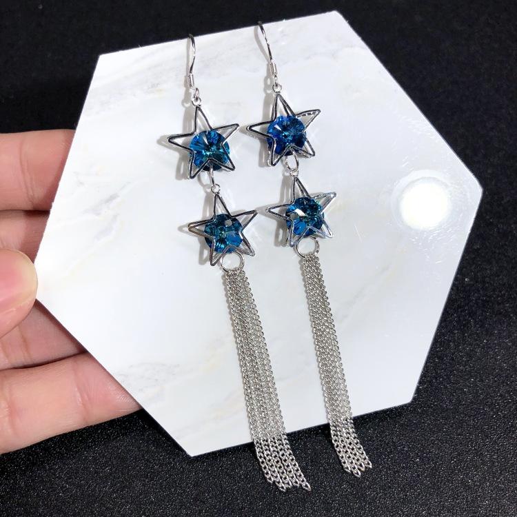 Austrian super flash crystal earrings, stud earrings, niche high-end temperament earrings, long simple earrings, 925 silver needles.