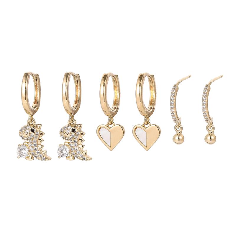 

ANENJERY серьги с цирконием и динозавром в форме сердца для женщин, легкие роскошные милые серьги из 6 предметов, комплект, подарок для девочки золотой