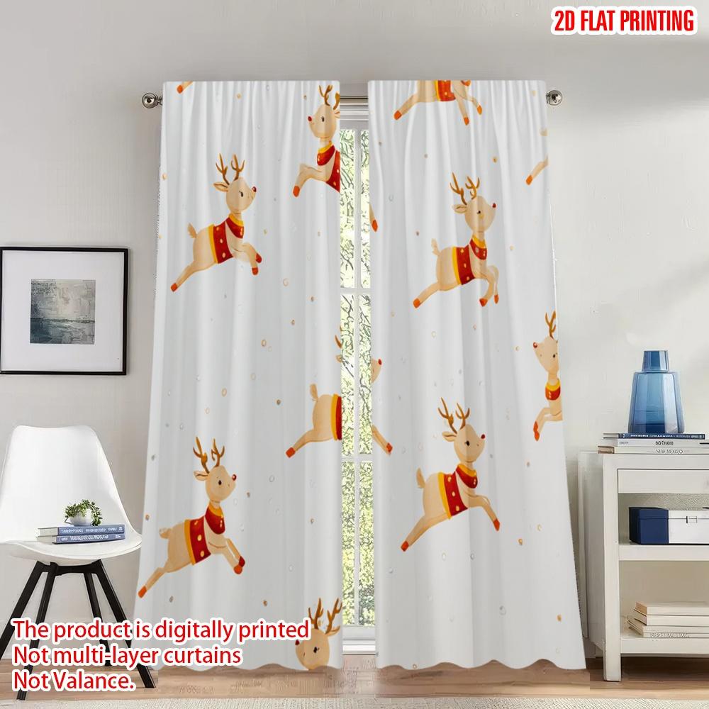 

Set Of 2 Flat Printing Merry Christmas Party Curtains Reindeer Festive Digital Printed Polyester Drapes Curtain W100*H70(CM)-Grommet top&1PCS