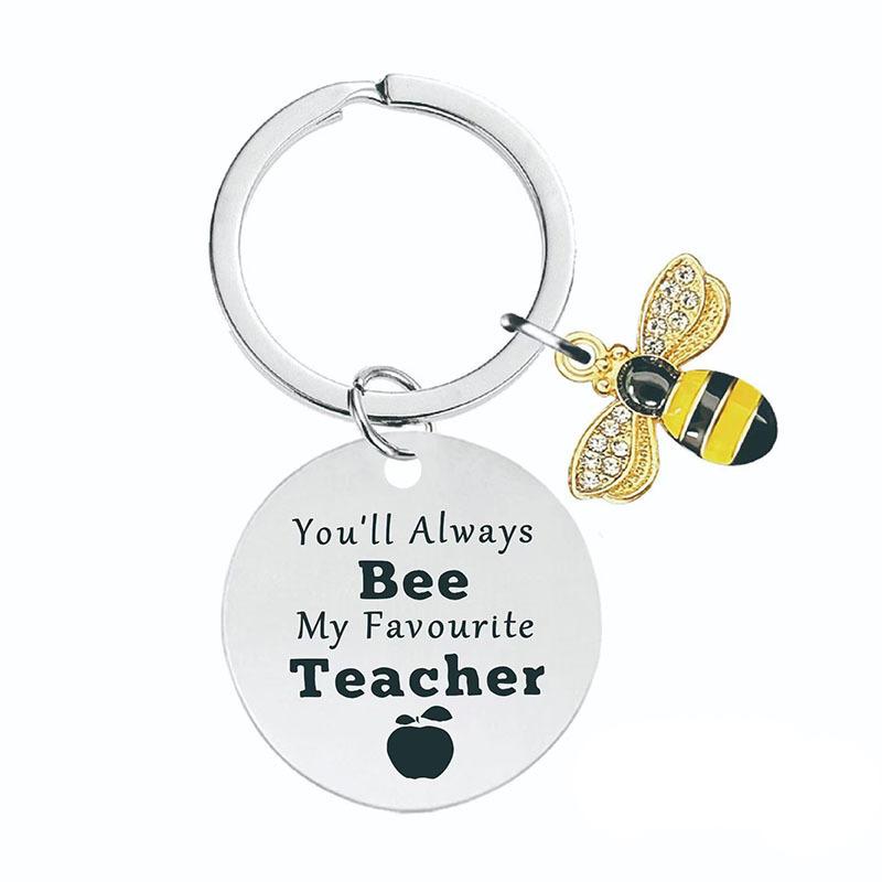 Teachers Day Keychain Bee Happy Little Bee Stainless Steel Keychain Gift Stainless Steel Keychain for Backpack Bag Pendant