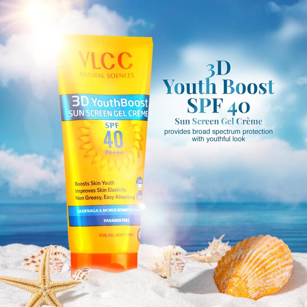 VLCC 3D Youth Boost SPF 40 Sunscreen Gel Crème 100g Broad Spectrum UVA UVB Protection Skin