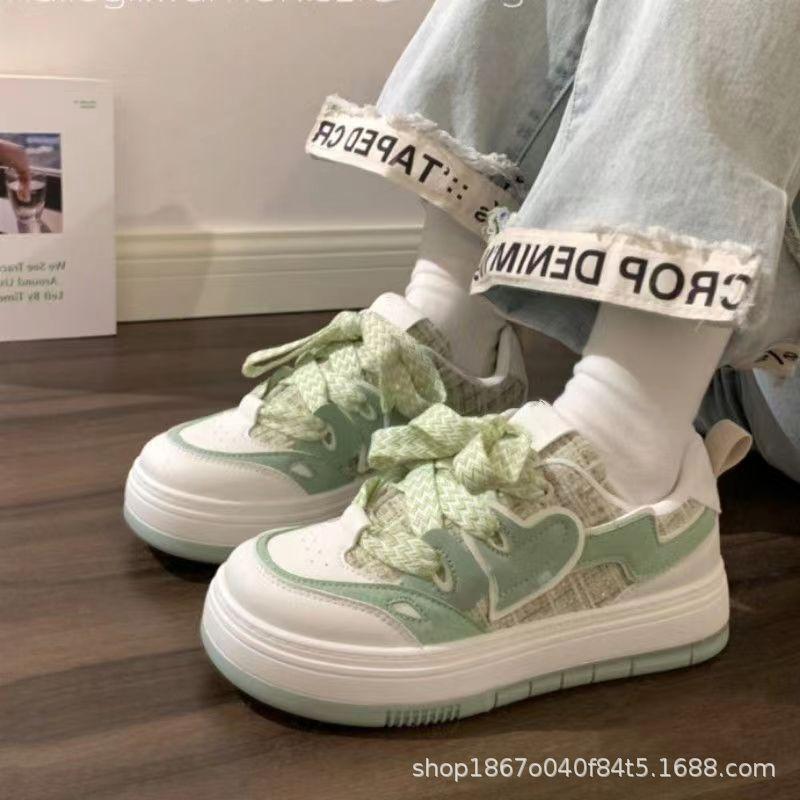 Love board shoes women's spring and summer thick soles increase in height, breathable casual sports shoes women's green shoes increase in height