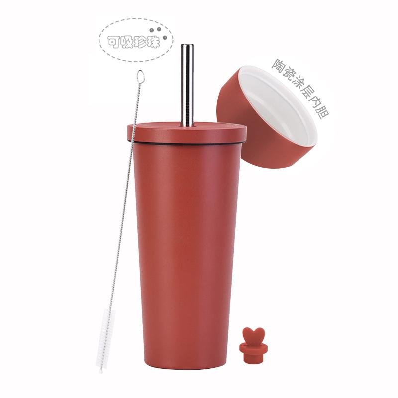 

2025 Кружка-соломинка из нержавеющей стали с керамическим вкладышем, чашка для бабл-ти, вакуумная двухслойная кружка-термос с соломинкой 710ml кирпич красный