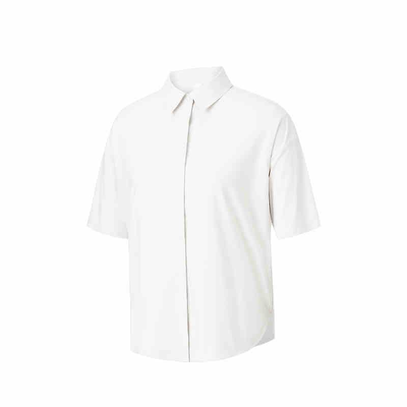 Anta Champion All-Weather Series Solid Color Button Comfortable Breathable Versatile Short Sleeve Shirt Women shirts Paper-White 162520105-2