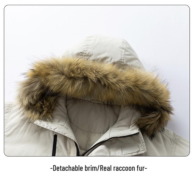Men's Winter Mid-Length White Duck Down Parka with Large Fur Collar
