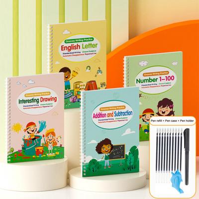 4 Adet Oluklu El Yazısı Pratik Çalışma Defteri Yeniden Kullanılabilir Çocuklar İçin Alfabe Sayı Öğrenme Takip