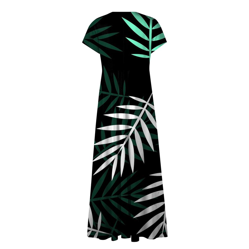 Women's Summer Leaf Floral Printed V-Neck Long Dress Dress