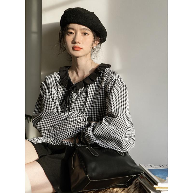 Japanese Lace Collar Striped Hepburn Shirt: Women s Chic Spring Long Sleeve Top Large