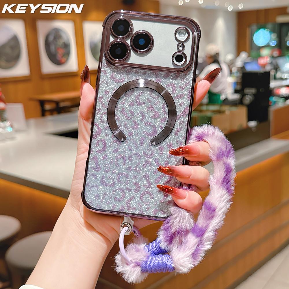 KEYSION Glitter Leopard Print Magnetic Phone Case for iPhone 13 14 15 16 17 Pro Max 17 Air 16 Plus With Plush Lanyard Shockproof Cover